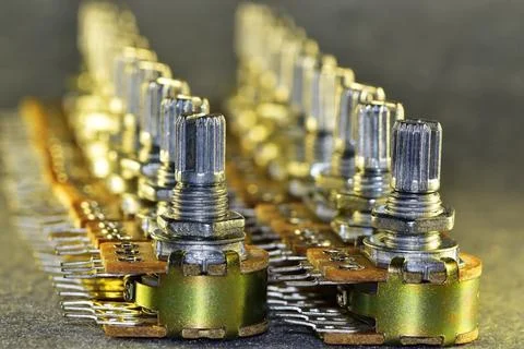 Variable resistors (potentiometers), carbon, single-turn in a metal case, sta Stock-Fotos