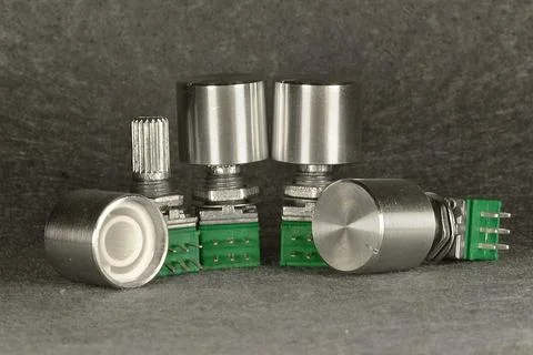 Variable resistors (potentiometers) with knobs for manual resistance adjustme Stock-Fotos