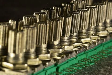 Variable single-turn carbon twin resistors in a row of twos on a desktop. Rea 스톡 사진