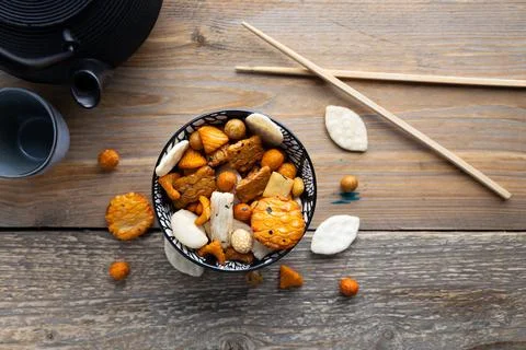 Variation of rice crackers. Stock Photos