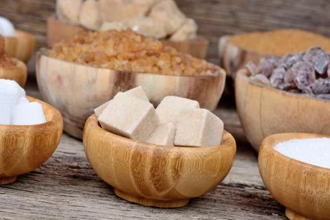 Variation sugar in a bowls on table Stock Photos