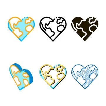 Variations earth in heart shape icon vector outline Illustration