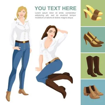 Variations models of shoes on color background. Woman in different pose Stock Illustration