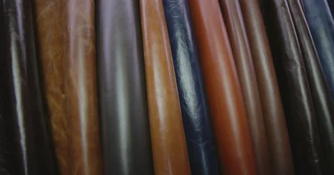 Varicoloured specimens of different leather articles Video stock 79216073