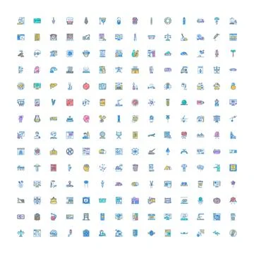 Varied icons presenting diverse objects and concepts grid Ilustración de archivo
