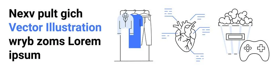 Varied Objects Including Clothing Rack, Heart Diagram, Popcorn Box, and Gam.. Stock Illustration