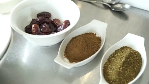 Varieties of cereals are presented in special plates Stock Footage 71503786