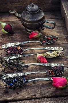 Varieties of dry tea Stock Photos