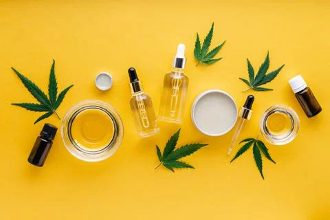 Varieties of hemp CBD oils, essential oil, Serum butter. Hemp tincture. Set Stock Photos