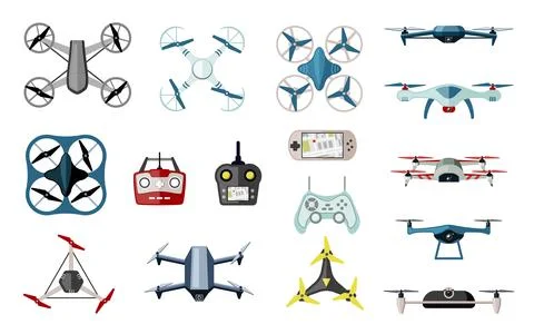 Varieties quadrocopters and drones set. Futuristic delivery and exploration Stock Illustration