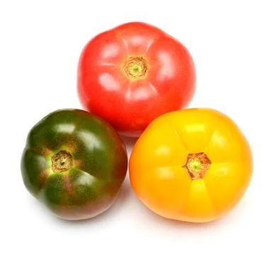 Varieties of tomatoes isolated on white background. Assorted tomato is yell.. Stock Photos