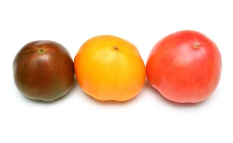 Varieties of tomatoes isolated on white background. Assorted tomato is yell.. Stock Photos