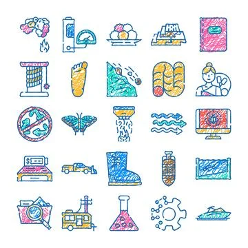 Variety of abstract scribble line art icons illustrating diverse concepts Stock Illustration