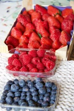 Variety of berries in container on the table Stock Photos