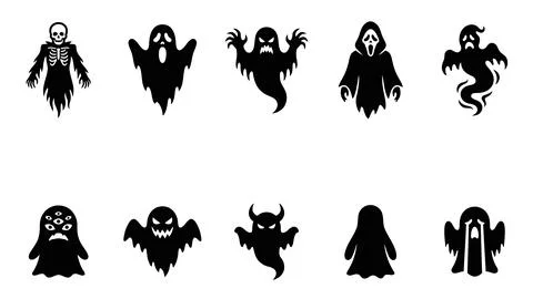 Variety of black ghost and spooky character icons for Halloween themed design Stock Illustration