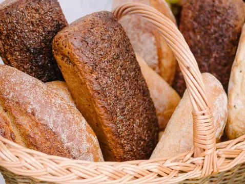 Variety of bread in a basket close-up Stock Photos