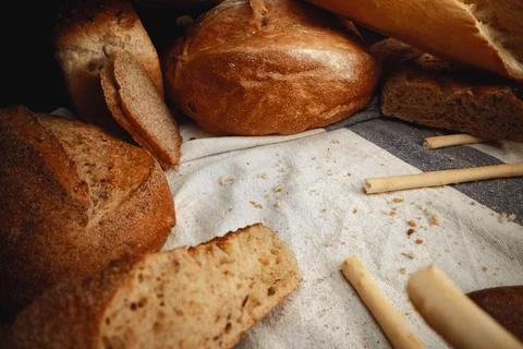 Variety of bread on tablecloth close up Foto stock