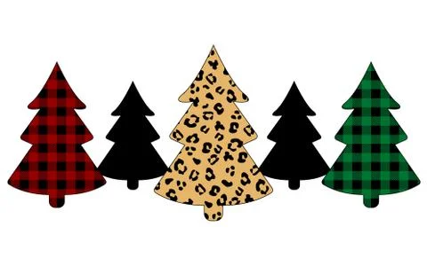 Variety of Christmas trees. Buffalo plaid and leopard style Christmas tree. Wint Illustrazione stock