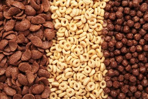Variety of cold cereals, quick breakfast for kids overhead shot Stock Photos