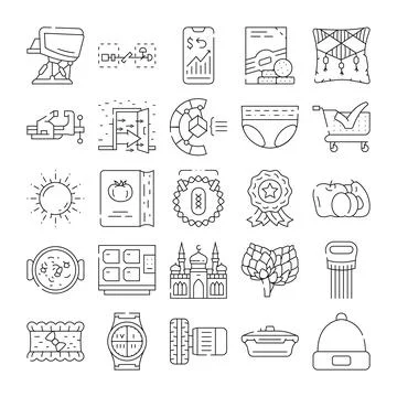 Variety of commerce, technology and everyday objects line icons Stock Illustration