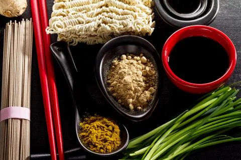 Variety Defferent Many Ingredients for Cooking Tasty Oriental As Stock Photos