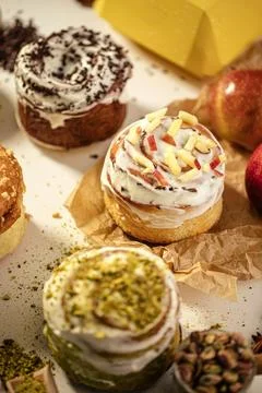 Variety of different assorted cinnabon buns set Stock Photos