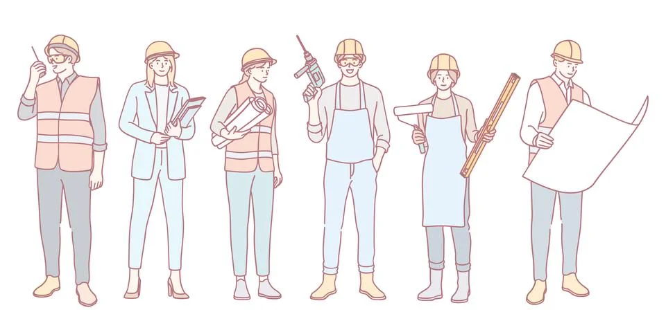 A Variety of Diverse Construction Workers Actively Engaged in Multiple Tasks and Stock Illustration
