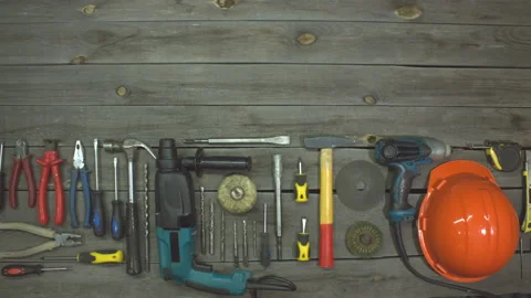 A variety of electro and hand tools. Top view. Видео 121872295