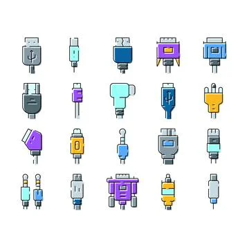 Variety of electronic device cable connectors and ports Stock Illustration
