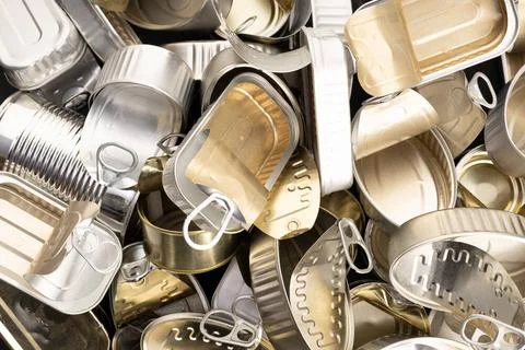 Variety of empty tin can background. Metallic Food container Variety of em... Foto stock