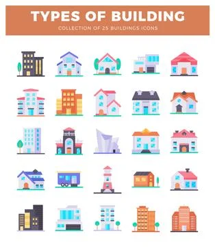 Variety of flat building icons in a grid on white background Ilustración de archivo