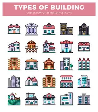 Variety of flat icon building styles in a collection Ilustración de archivo