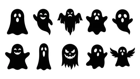 Variety of ghost icons with different spooky and cute expressions. Stock Illustration