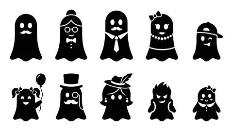 Variety of halloween ghost emoticons with different costumes and accessories. Stock Illustration