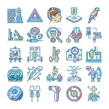 Variety of hand drawn scribble icons concept Stock Illustration