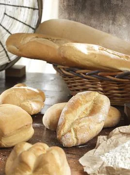 Variety of handmade bread On a rustic backdrop Stock Photos