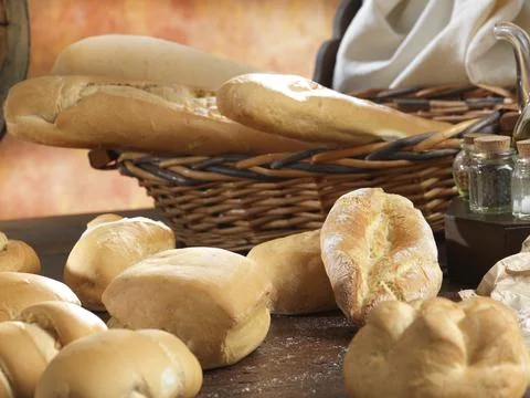 Variety of handmade bread On a rustic backdrop Stock Photos