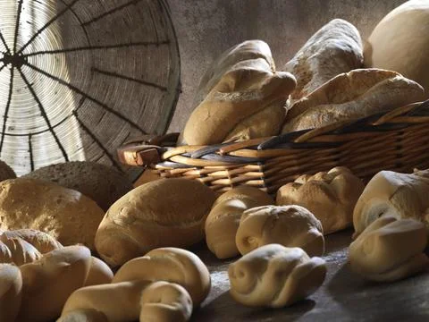 Variety of handmade bread On a rustic backdrop Stock Photos