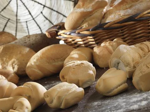 Variety of handmade bread On a rustic backdrop Stock Photos