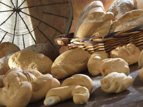 Variety of handmade bread On a rustic backdrop Stock Photos