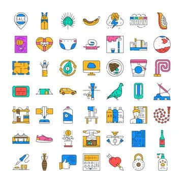Variety of items and objects collection line icons Stock Illustration