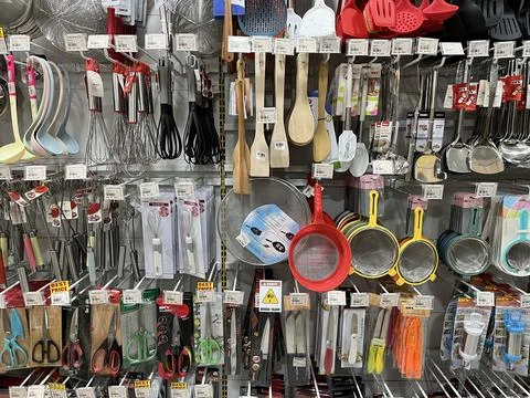 Variety kitchen tools being displayed in a shop Stock Photos