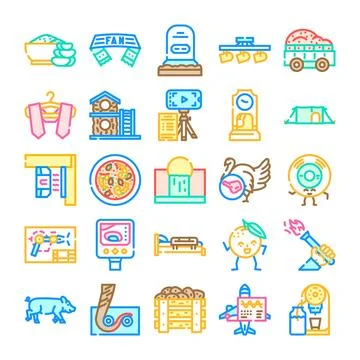 Variety of linear icons representing diverse concepts and objects Stock Illustration