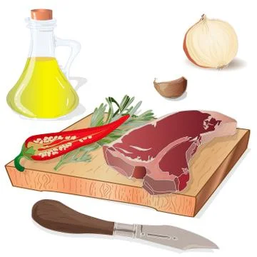 Variety of meat steaks on board with side products and herbs. Vector illustra Stock Illustration