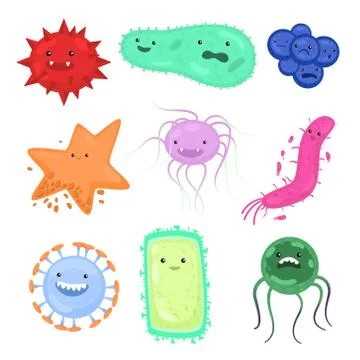 Variety of microorganisms set in different types, colors and shapes isolated on Stock Illustration