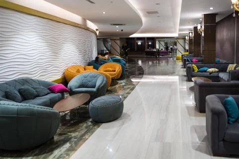 A variety of modern style sofas in the lobby of a Turkish hotel Foto stock
