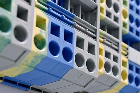 Variety of multi-colored plastic electrical installation terminals Stock Photos