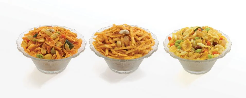 Variety of nimco, Cornflake Chivda or Corn Chiwda, Farali Chivda, Phalahari C Stock Photos