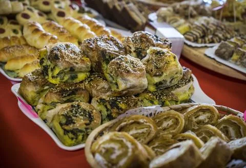 Variety of Pies on a Table Stock Photos