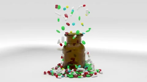Variety of pills fall down and end up in a bottle Stock Footage 161363860